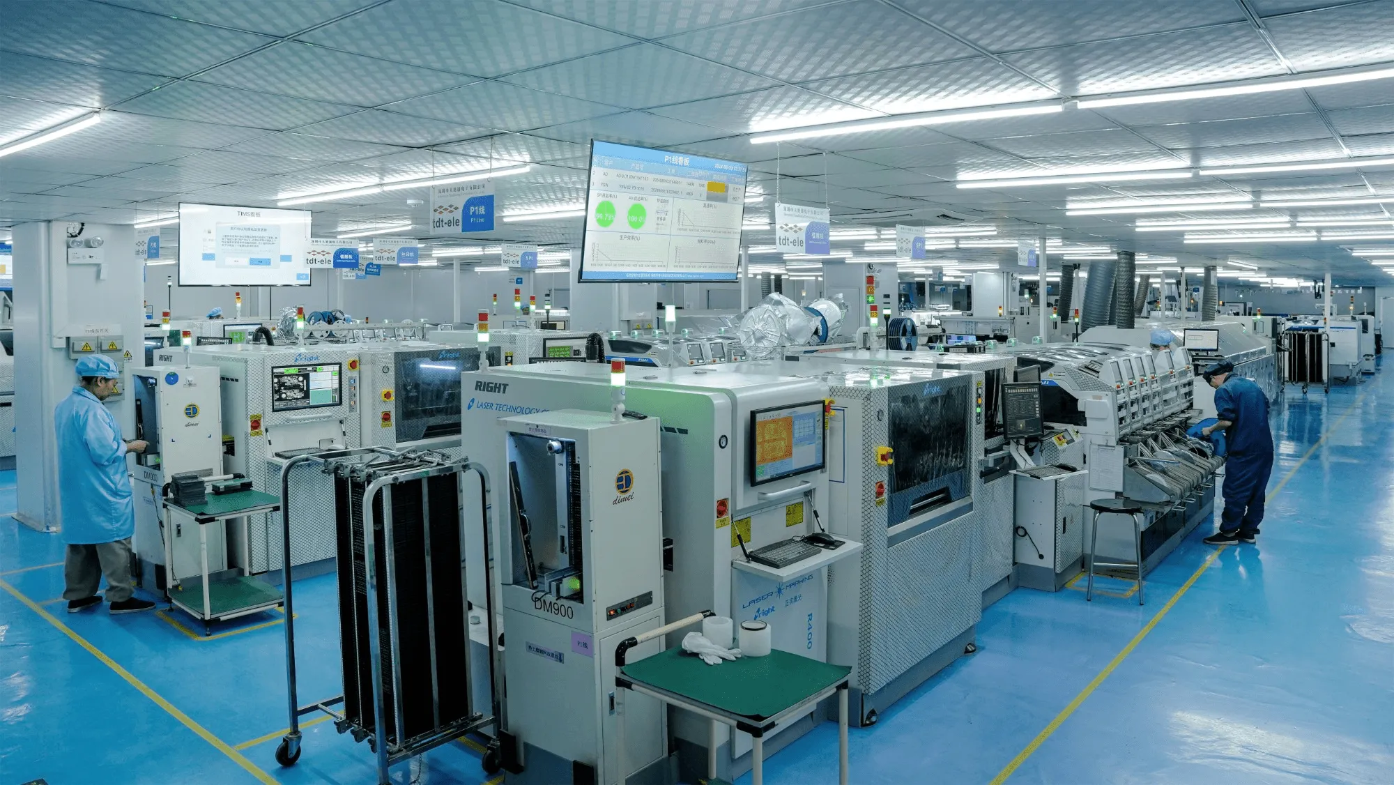 SMT production line placing components on printed circuit boards
