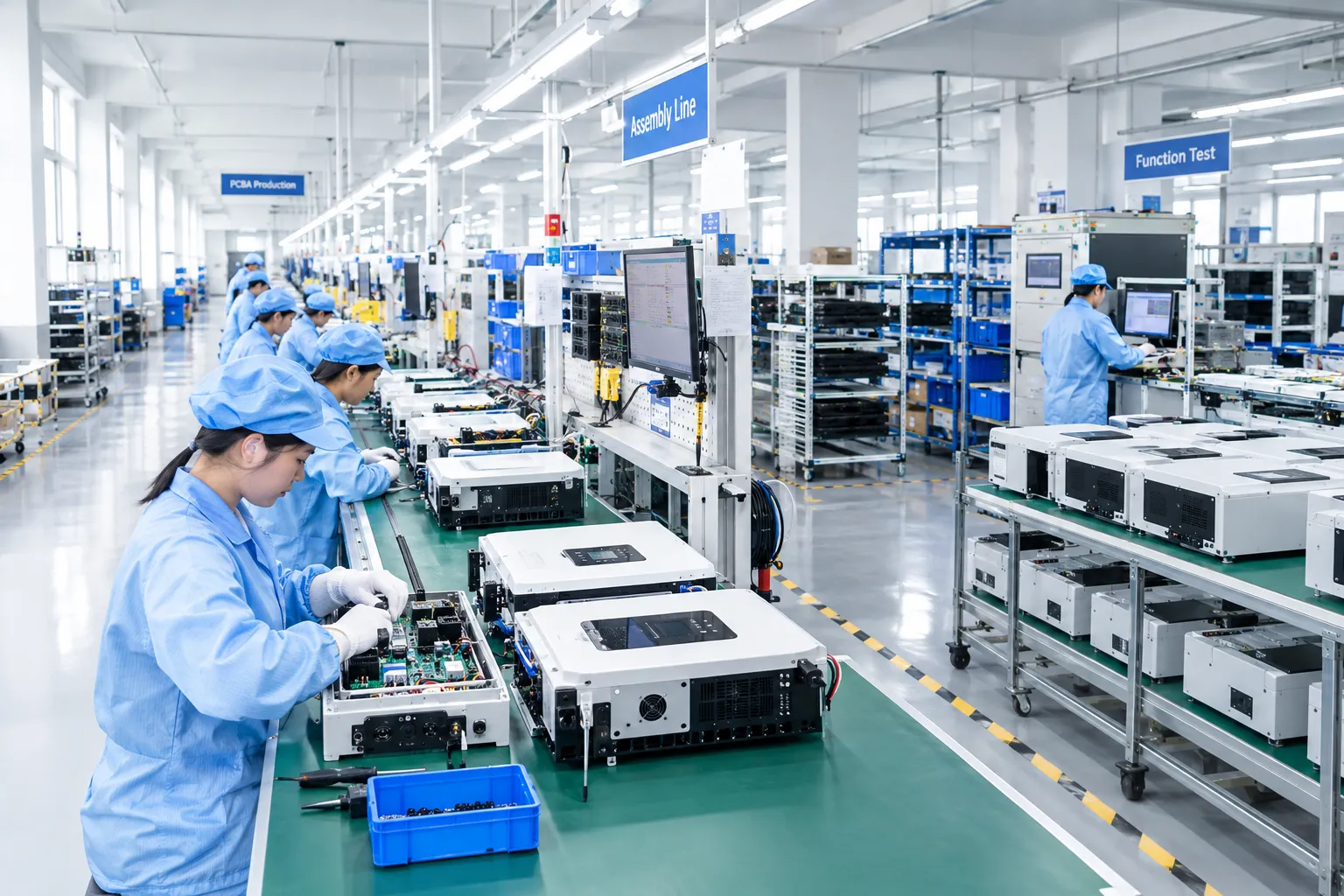 Assembly line with function test stations for finished units
